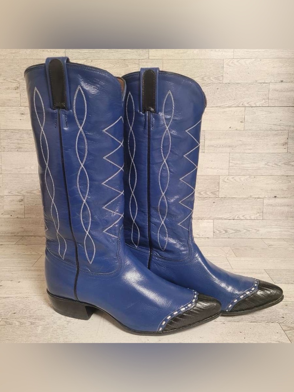 Women’s Tony Lama Blue Leather Exotic Black Lizard Wingtip Cowboy Boots Size 7
